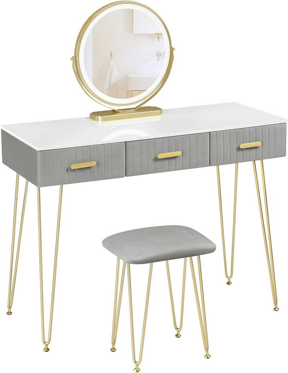 SCHMINKTISCH mit LED Beleuchtung Samthocker, 3 Schubladen - Goldfarben/Weiß, Holzwerkstoff/Metall (100/121.5/40cm) - Woltu