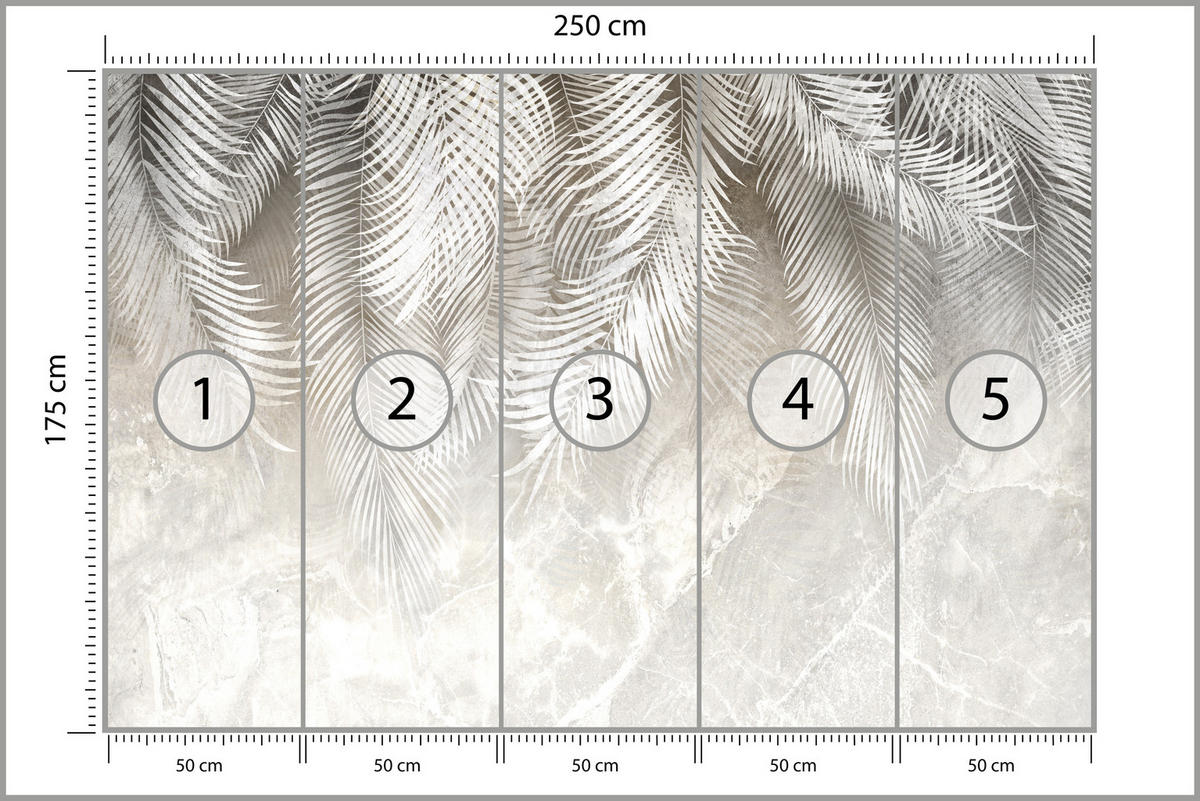 FOTOTAPETE für Schlafzimmer Vintage Palmenblätter auf Marmor Beige 250x175 - Weiß/Grau, Papier (250/175cm) - Muralo