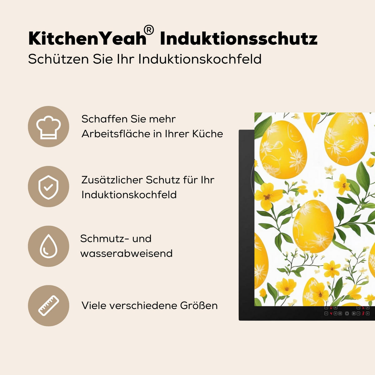 HERDABDECKPLATTE Blumen - Ostereier - Gelb Induktionsschutz 91.6x52.7 cm - Gelb, Kunststoff (91.6/52.7/0.2cm) - MuchoWow