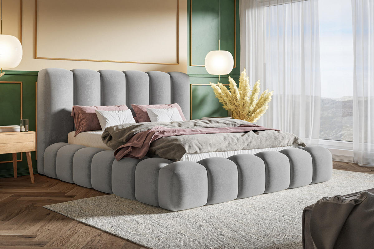 POLSTERBETT 160x200 cm Madeno mit Bettkasten, Samtstoff, Hellgrau - Hellgrau, Holz/Textil (160/200cm) - Emporius