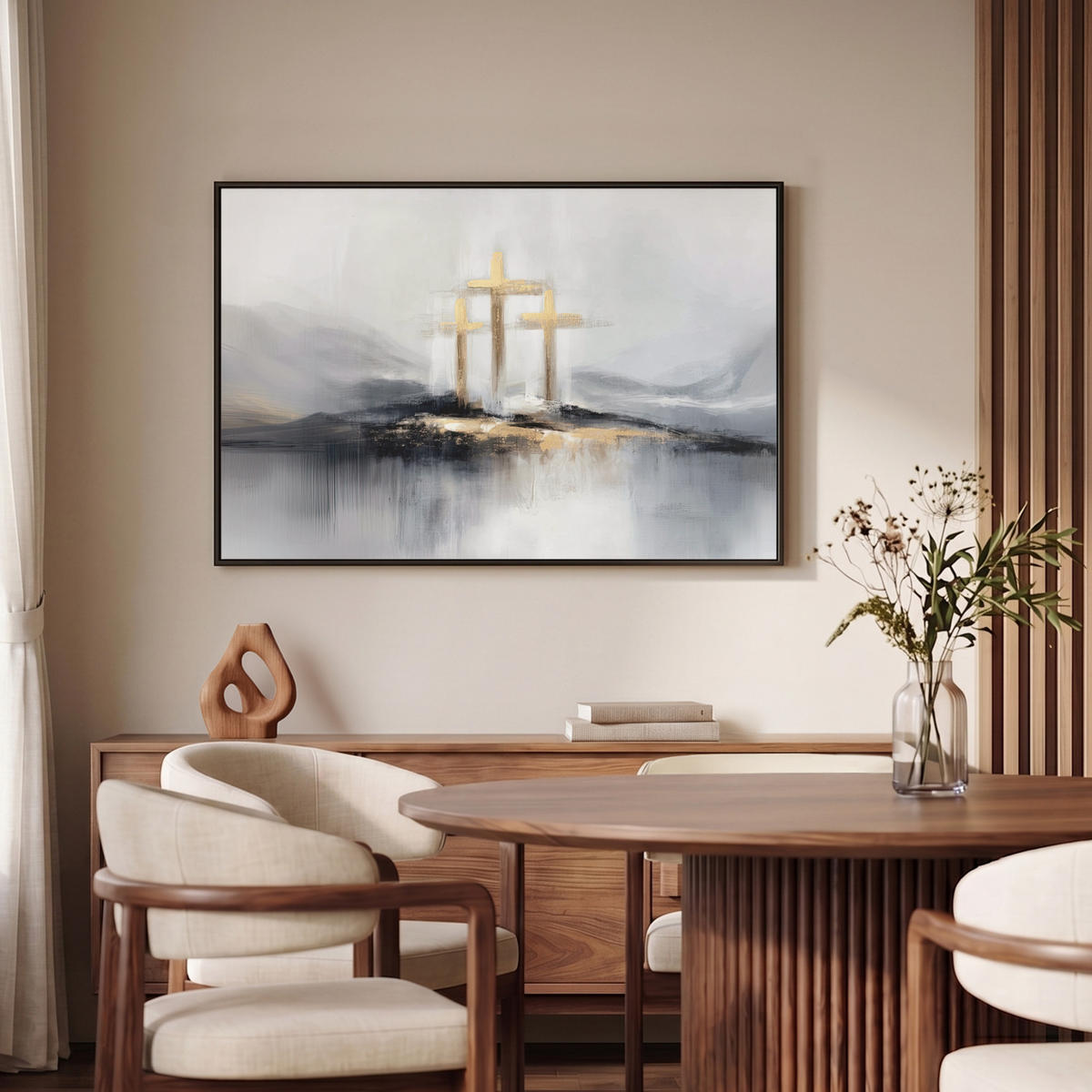 LEINWAND Bilder mit Rahmen - Abstrakt - Malerei - Christentum - Kreuz - 90x60 - Weiß, Textil (90/60cm) - MuchoWow