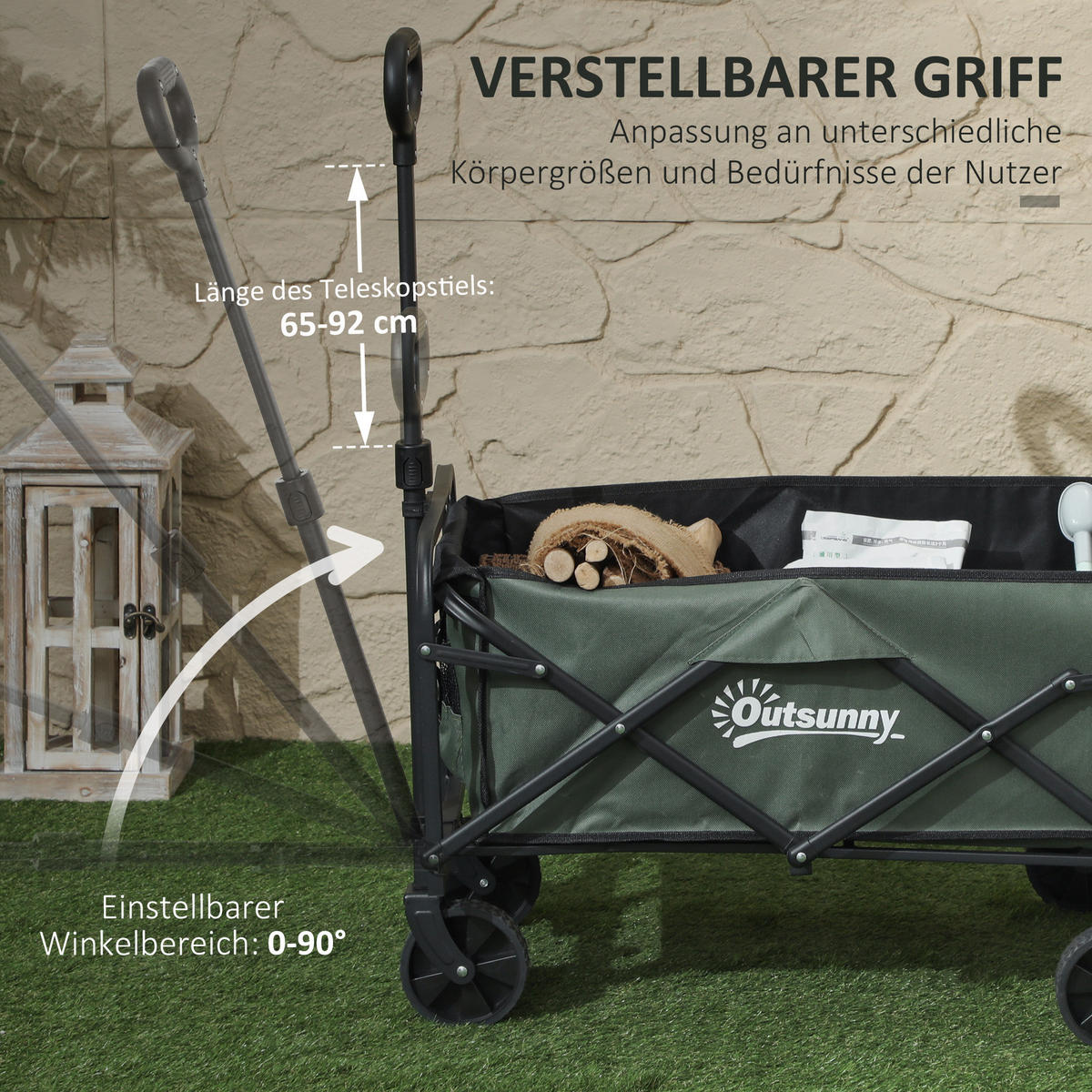 Gartenwagen 90 kg belastbar, klappbar Transportwagen Bollerwagen - Grün, Metall (46/92/114cm) - Outsunny