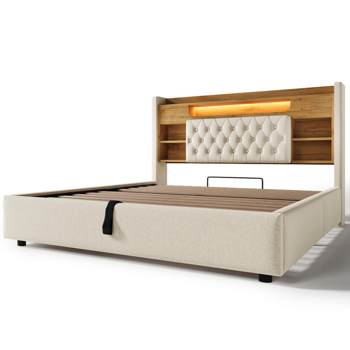 POLSTERBETT 140/200 cm Beige mit LED-Beleuchtung und Stauraum-Kopfteil - Beige, Textil (140/200cm) - Oxeza