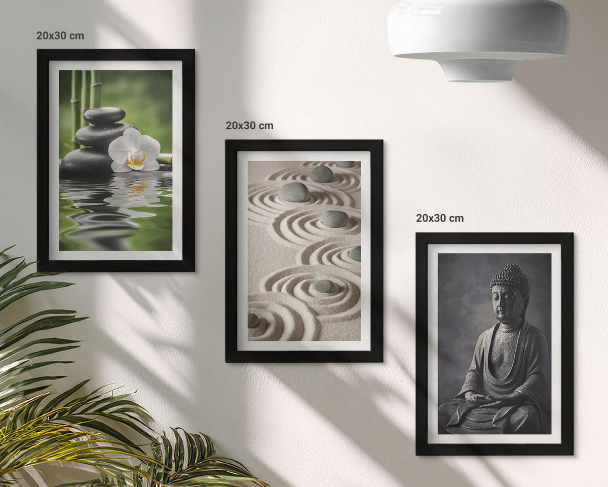 WANDBILDER 3er-Set - 20x30 cm Schwarzer Rahmen - Entspannender Blick auf den Zen-Buddha - Schwarz, Kunststoff (20/30cm) - ArtPrintCave