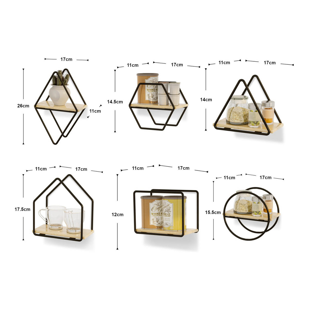 WANDREGAL-SET 6-TLG. Outokumpu - Schwarz/Naturfarben, Holz/Metall (17/26/11cm) - [en.casa]