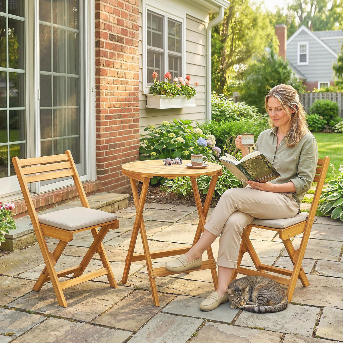 BALKONMÖBEL-SET 3er Set Akazienholz Polyester Naturholz - Beige/Naturfarben, Holz/Textil - Outsunny