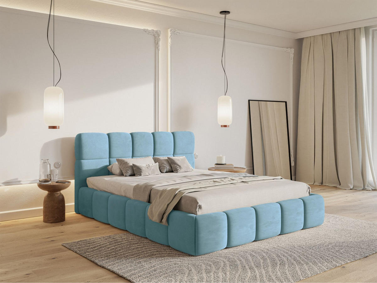 POLSTERBETT Cloudy Hellblau Samt, 120x200 cm - Schwarz/Hellblau, Kunststoff/Textil (120/200cm) - Selsey