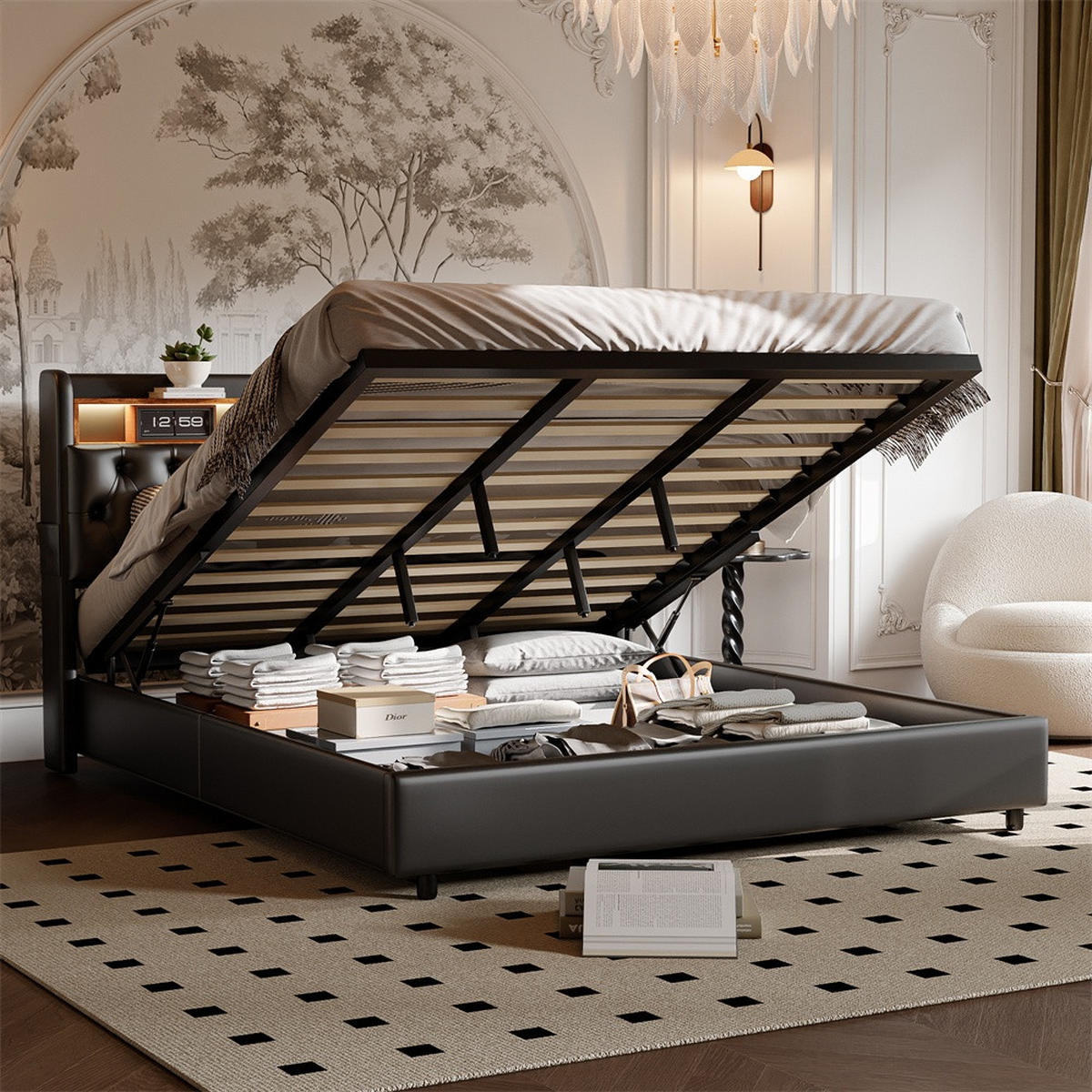 POLSTERBETT 180x200 cm mit LED-Beleuchtung - Kopfteil-Stauraum und Gasdruckfeder-Bettkasten - ohne Matratze - Schwarz - Schwarz, Textil (180/200cm) - DELFA