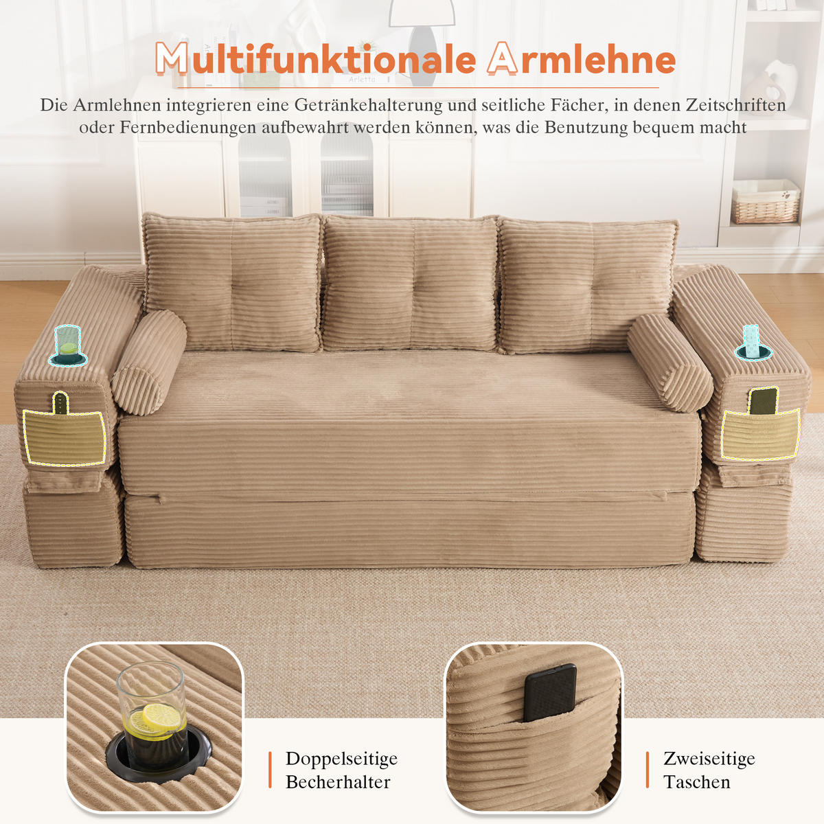 SCHLAFSOFA, 2-in-1 Klappsofa mit Getränkehalter, Modulares Bodensofa Cordstoff, Khaki - Hellbraun, Textil (232/80/98cm) - LVHOM