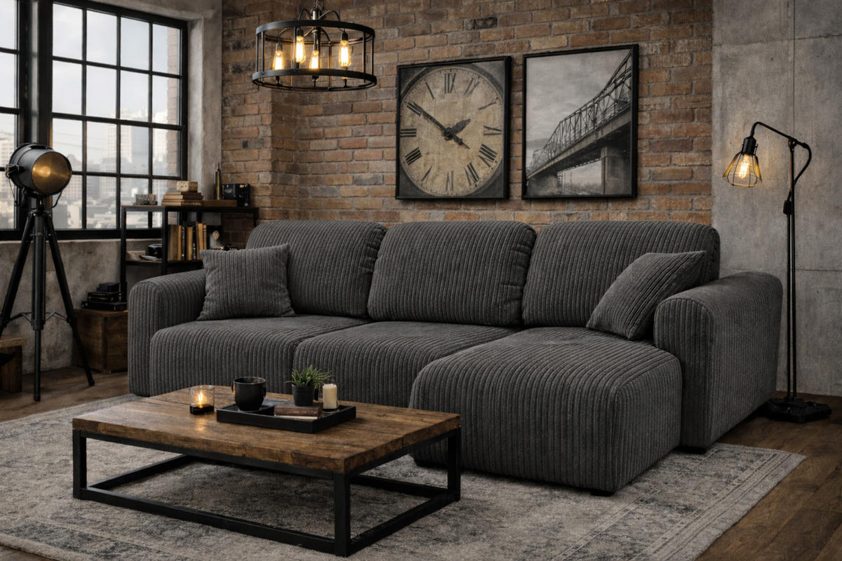 ECKSOFA Mit Schlaffunktion Und Bettkasten, Sofa L-Form Bingo L, Cordstoff Poso, Grau, Rechts - Grau, Holz (250/142cm) - Kaiser Möbel