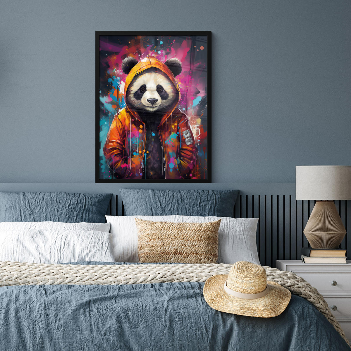 GERAHMTES BILD Panda - Jacke - Graffiti - Orange 60x80 cm - Orange, Papier (60/80cm) - MuchoWow