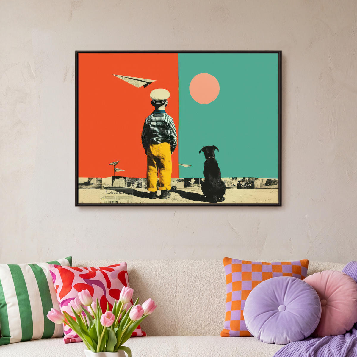 LEINWAND Bilder mit Rahmen - Retro - Junge - Hund - Rot - Grün - 70x50 - Orange, Textil (70/50cm) - MuchoWow