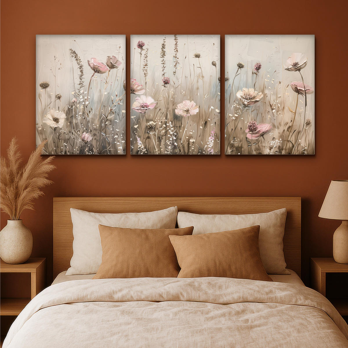 LEINWANDBILD 3er Set Blumen - Beige - Modern - Rosa 180x80 cm - Ecru, Textil (180/80cm) - MuchoWow