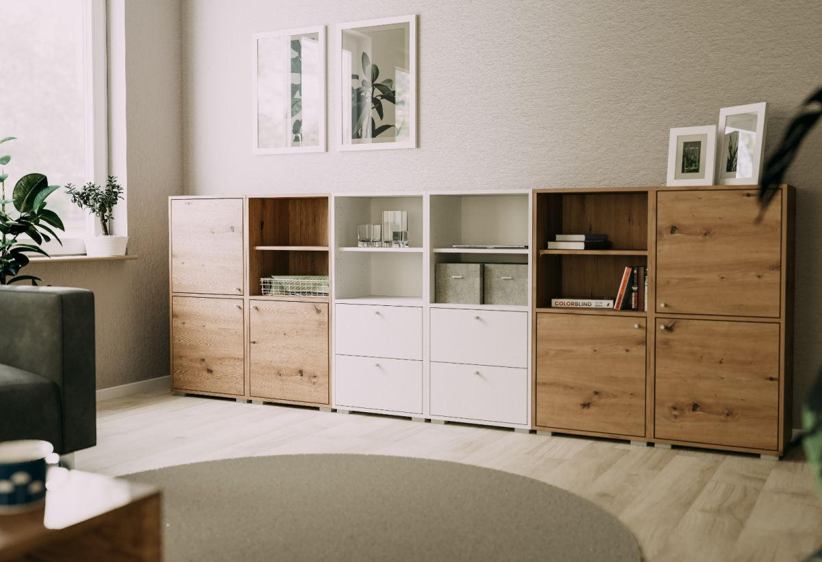 REGAL Eiche Artisan 46 x 97 cm, Standregal mit 4 Fächern - Silberfarben/Eiche Artisan, Holzwerkstoff/Kunststoff (46/96.5/33.5cm) - Furn.Design