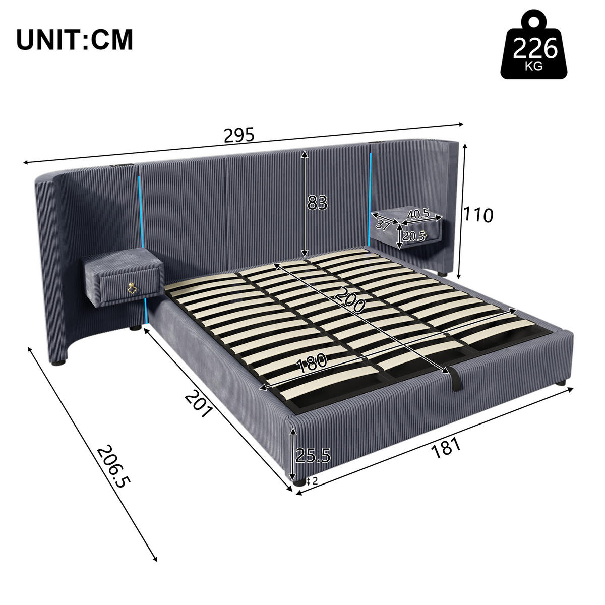 POLSTERBETT 180/200 cm grau mit LED-Leiste und hydraulischem Stauraum - Grau, Textil (180/200cm) - OKWISH