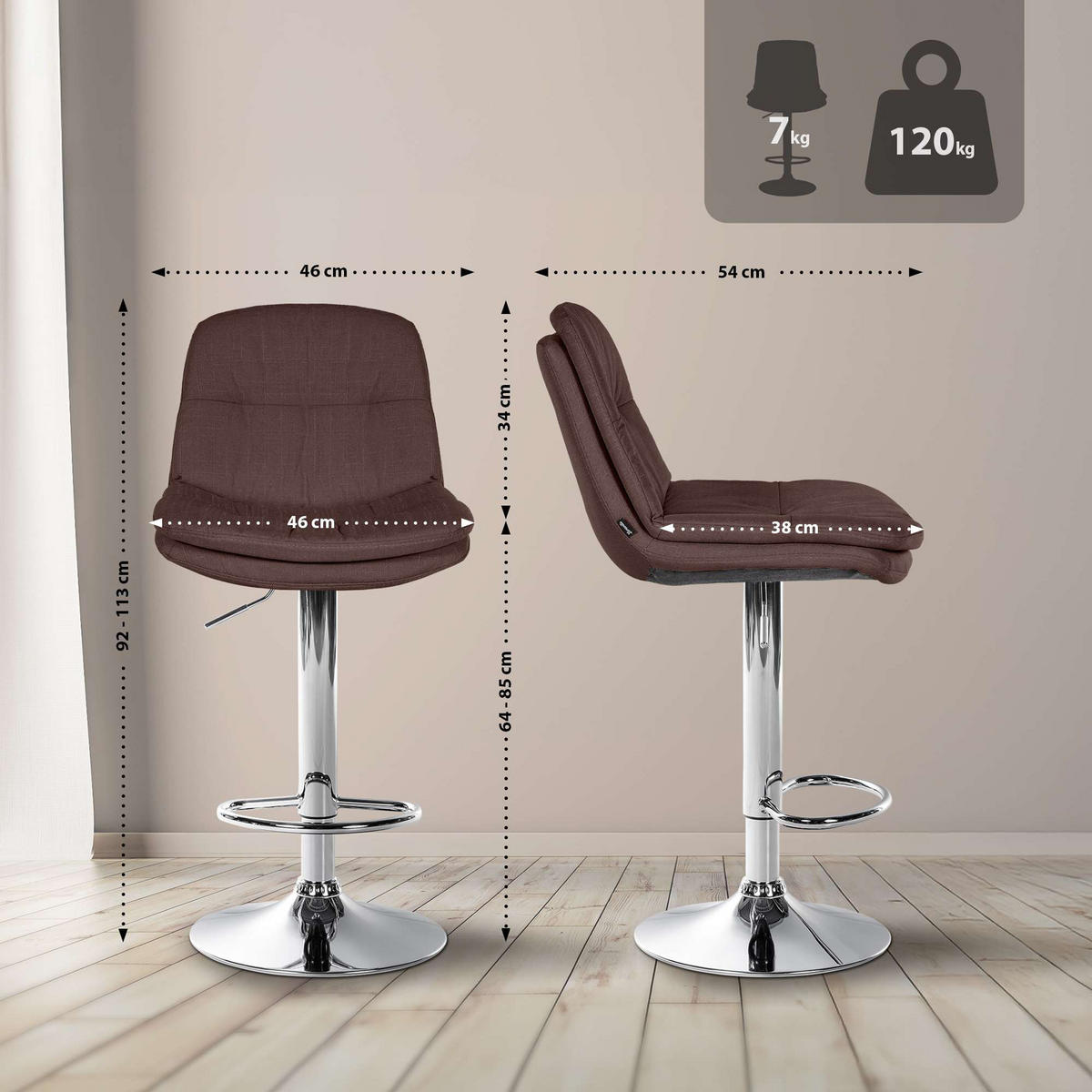 BARHOCKER Laura Stoff chrom braun - Chromfarben/Braun, Textil/Metall (46/113/54cm) - TPFLiving
