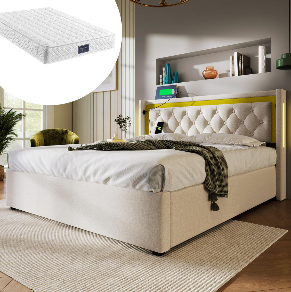 POLSTERBETT aus Baumwolle 140x200 cm in Beige mit LED, USB-C & Matratze - Beige, Textil (140/200cm) - Modfu