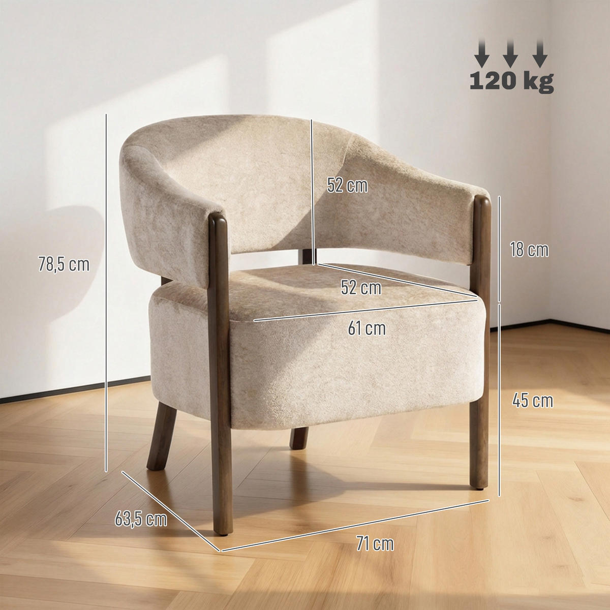 KŘESLO Chenille Dřevo Béžové - hnědá/béžová, dřevo/textil (63.5/78.5/71cm) - HOMCOM