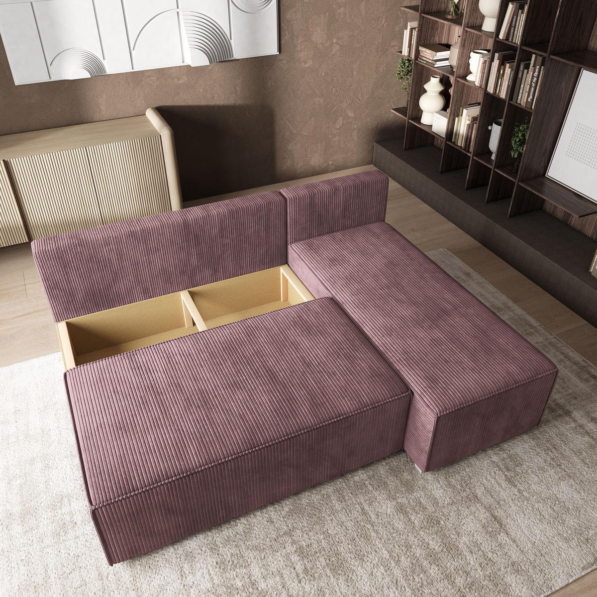 ROHOVÁ SEDAČKA BRISO fialová - šedá/fialová, dřevo/textil (200/140cm) - MASSENO