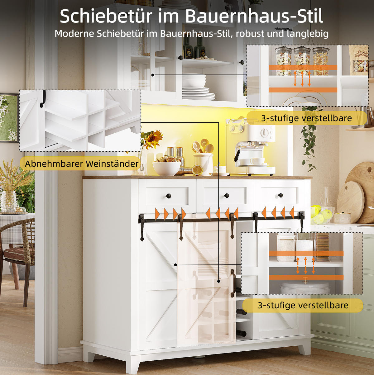 BUFFET 105/38,4/180 cm in Weiß mit LED-Beleuchtung und Glastüren - Weiß, Holzwerkstoff (105/180/38.4cm) - Flora Grace
