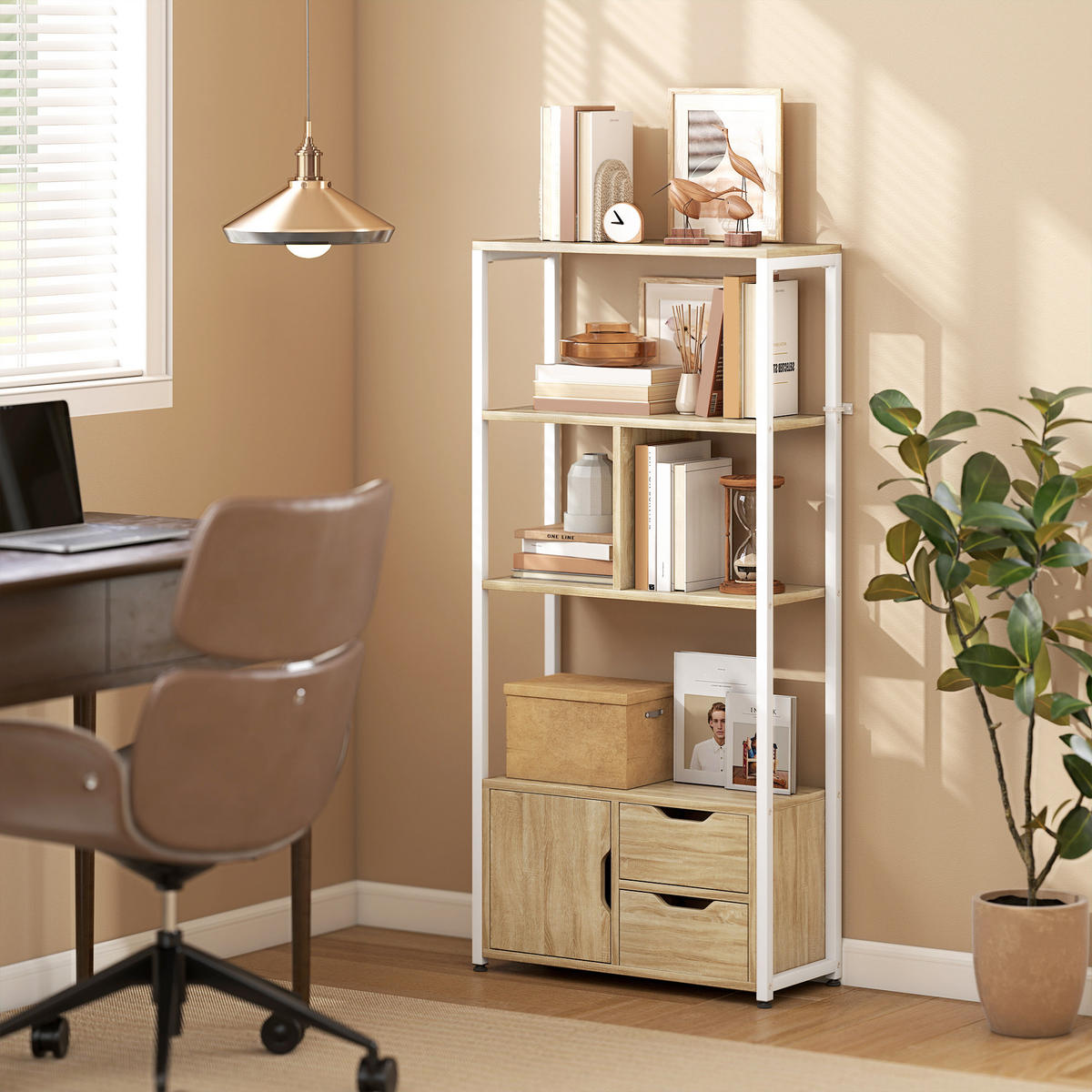 BÜCHERREGAL,BÖDEN Schubladen Tür Industriestil 58x24x122cm,weiß-naturholz - Weiß, Holzwerkstoff (58/122/24cm) - Vallsero
