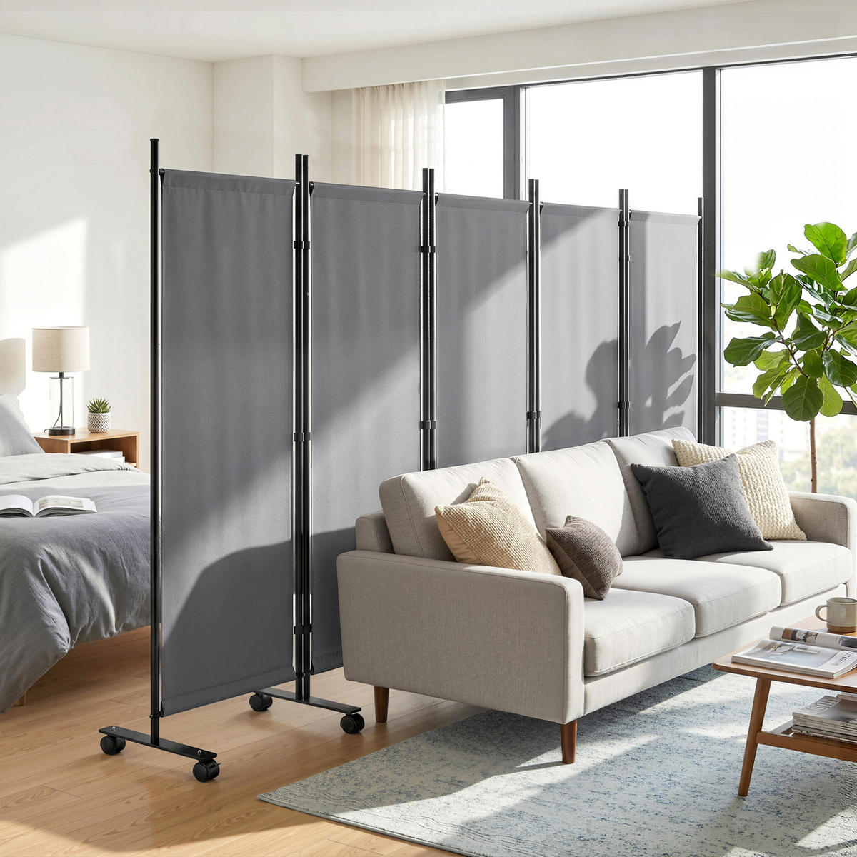 PARAVENT DE-18086 5-teilig mit 12 Rollen, erweiterbar Dunkelgrau - Dunkelgrau, Metall (40/170/252cm) - ComfortXL