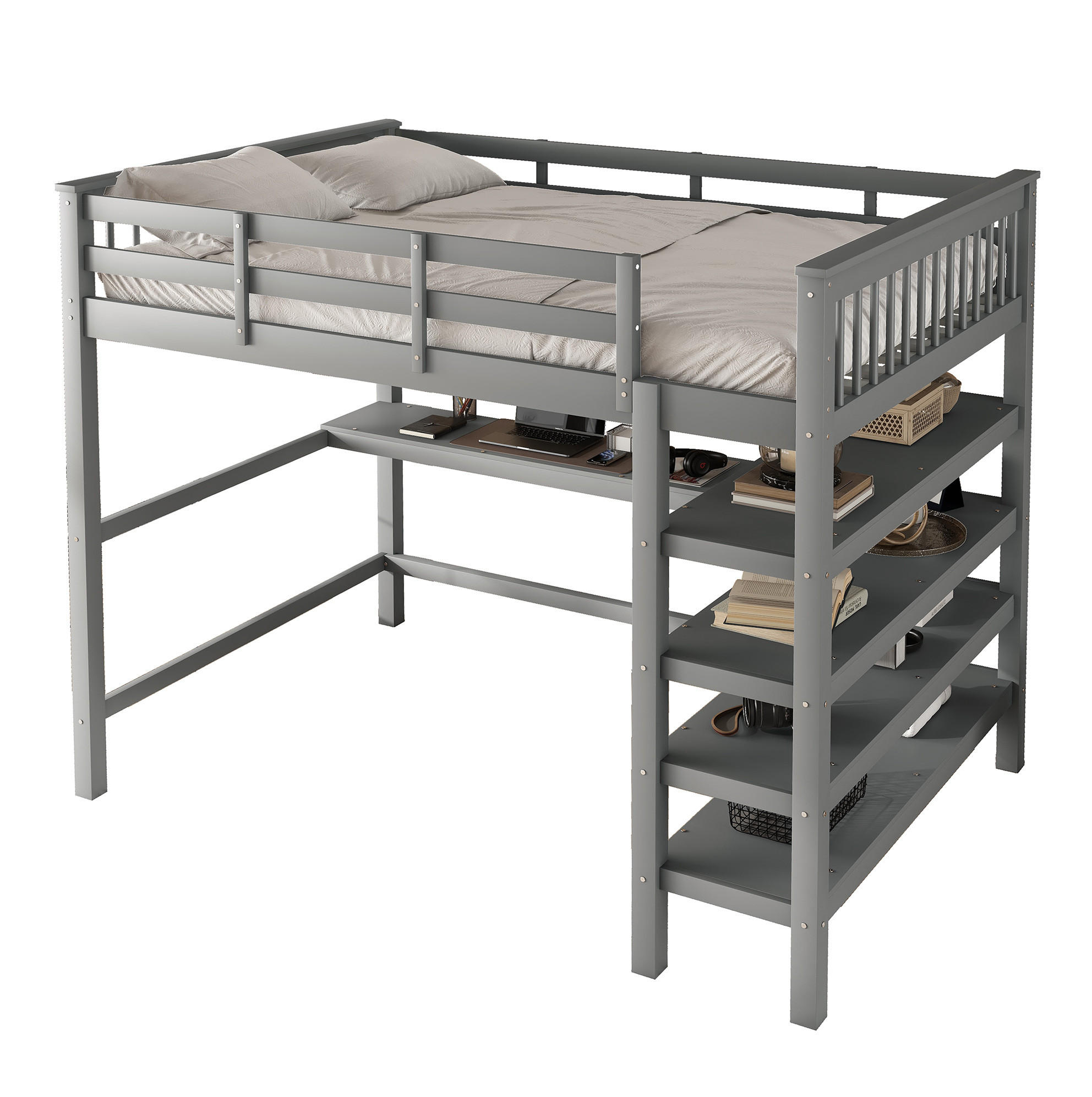 HOCHBETT 140/200 cm aus Kiefer und MDF mit Schreibtisch und Ablagefächern Grau - Grau, Holz (140/200cm) - Modenvie