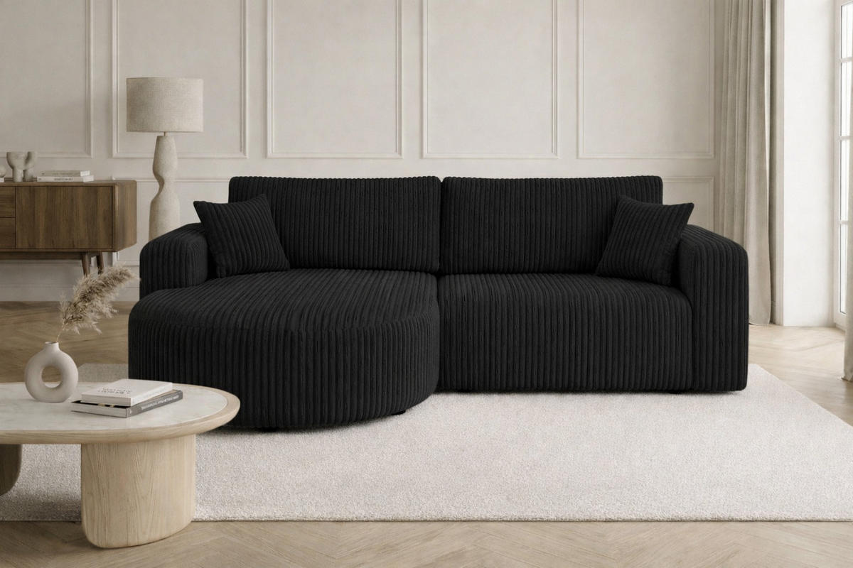 ECKSOFA Mit Schlaffunktion, Cordstoff Tilia, Schwarz, Links, ROUND ONE - Schwarz, Holz (244/175cm) - Kaiser Möbel