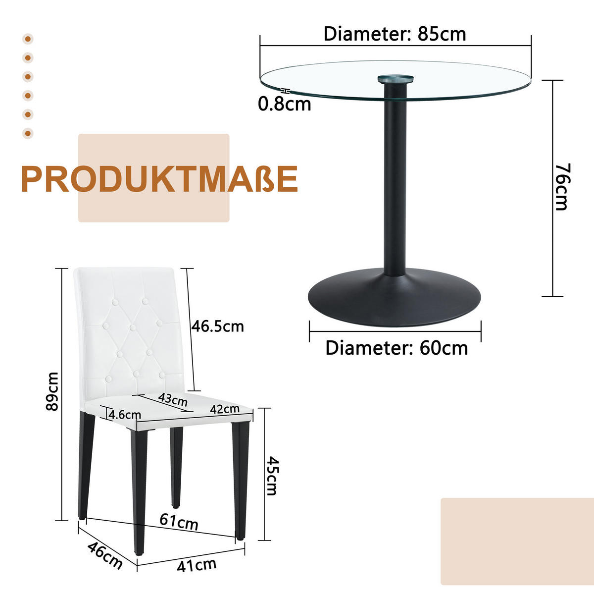 TISCH- UND STUHLSET mit Glasplatte 85 cm Schwarz/Weiß - Schwarz, Metall (85/76/85cm) - Meubliv