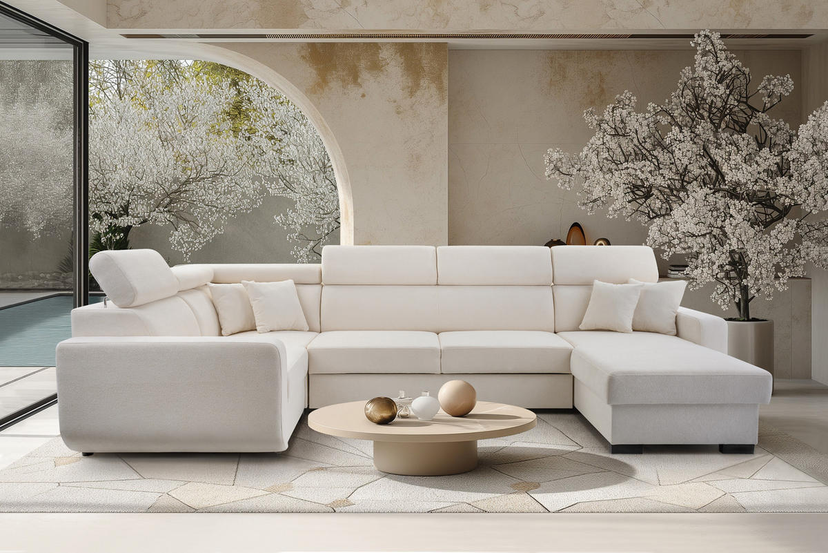 WOHNLANDSCHAFT CASTELLO Beige Plüsch-Stoff mit Schlaffunktion - Beige, Holz (337/97/184cm) - MASSENO