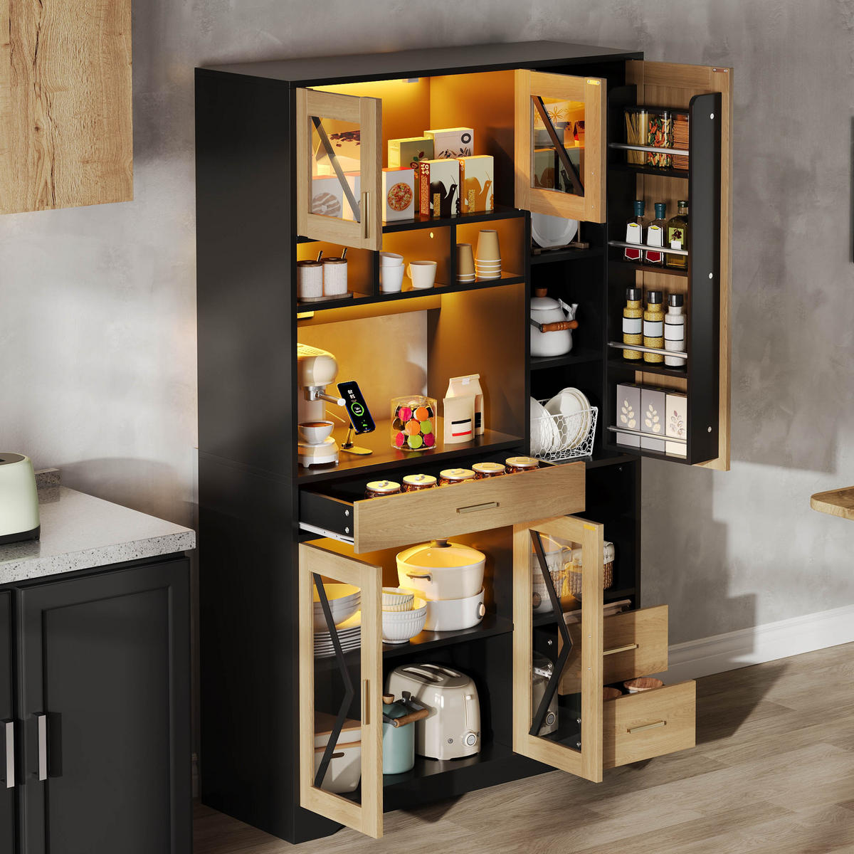 BUFFET 105/39/185 cm Natürlich mit farbwechselnder LED-Beleuchtung und 2 Schublade - Schwarz, Holz (105/185/40cm) - Oxeza