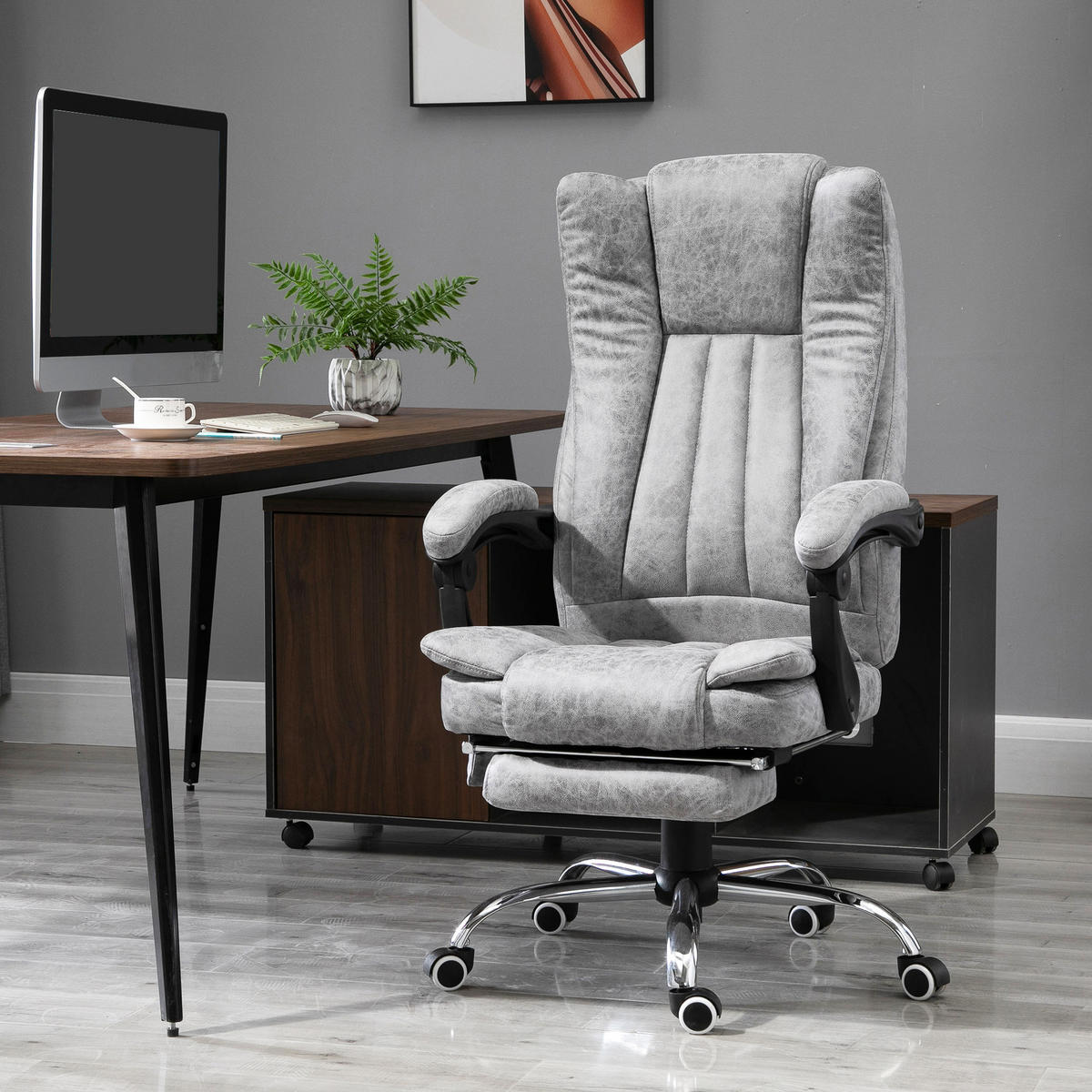 BÜROSTUHL Massagesessel Heizfunktion Liegefunktion Fußstütze Grau - Grau, Textil (67/113/62cm) - Vinsetto