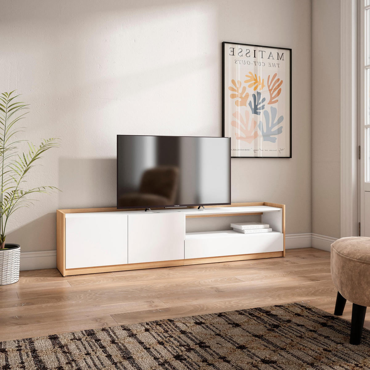 TV-SCHRANK, Lowboard, Weiß und Eiche Soft, 207/37/50cm - Weiß, Holzwerkstoff (207/50/37cm) - Skraut Home