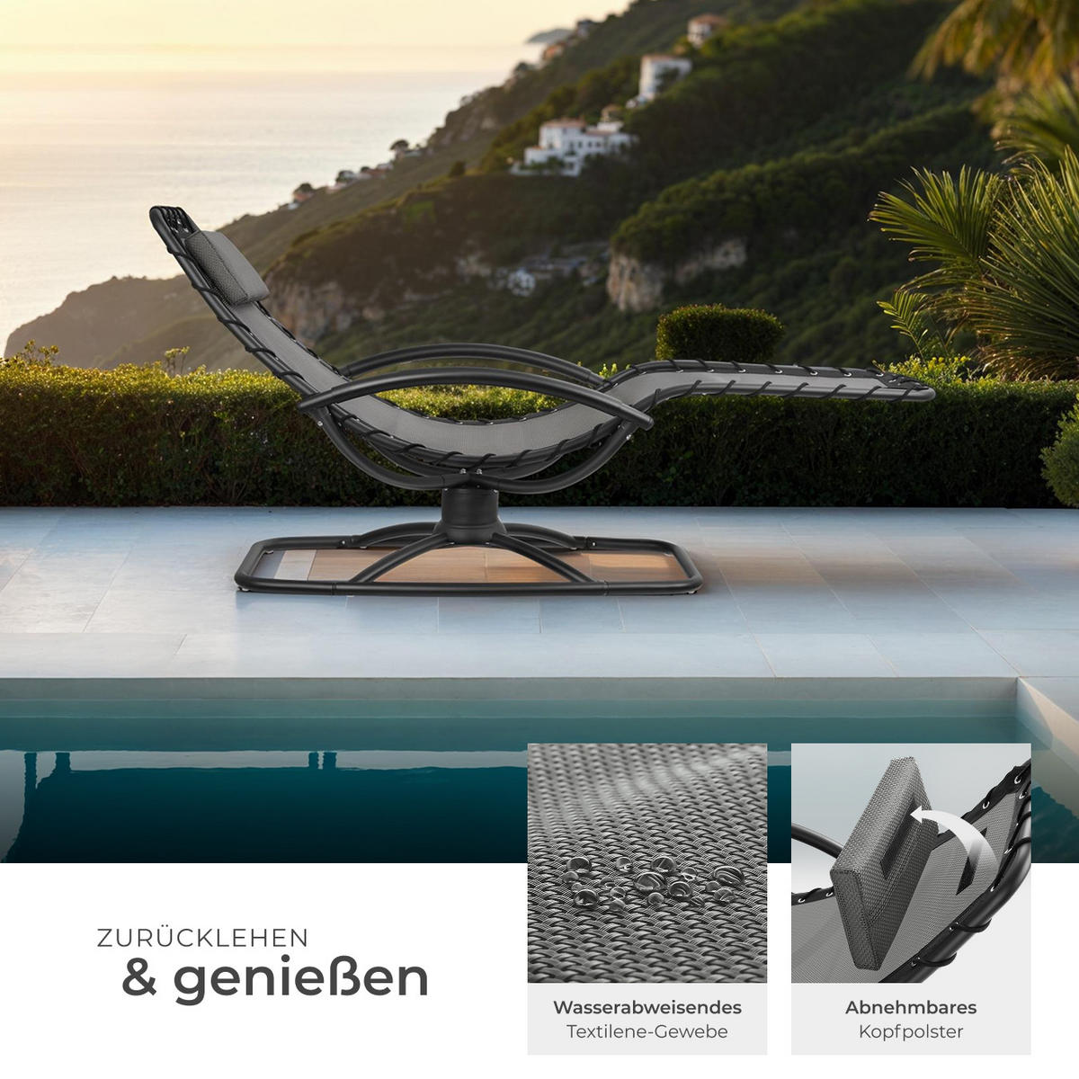 GARTENLIEGE Toulon,abnehmbares Kopfpolster,grau - Grau, Textil (77/83/170cm) - tectake