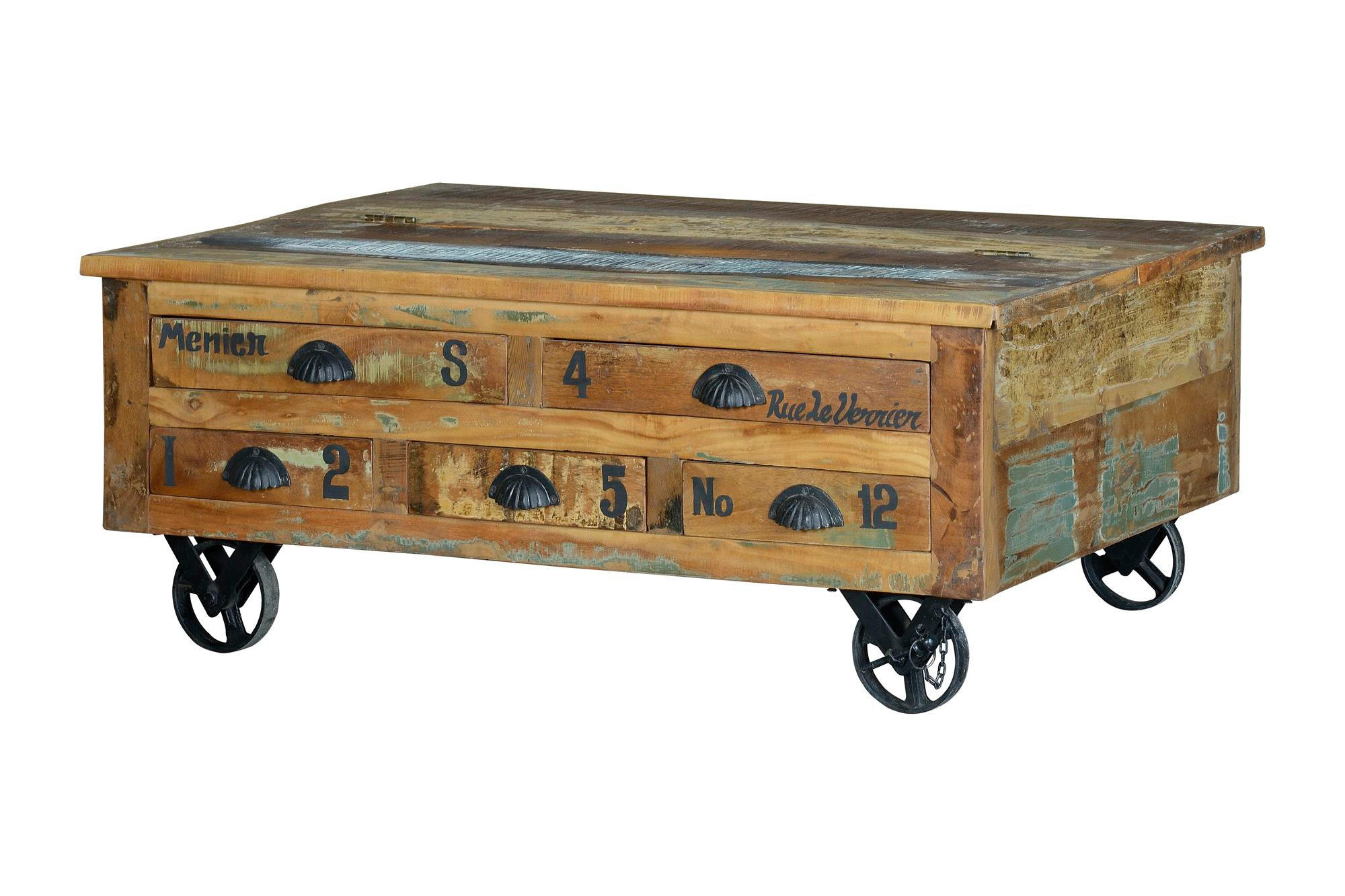 COUCHTISCH aus recyceltem Holz und Eisenrädern - Chromfarben, Holz (110/70/42cm) - Giner y Colomer