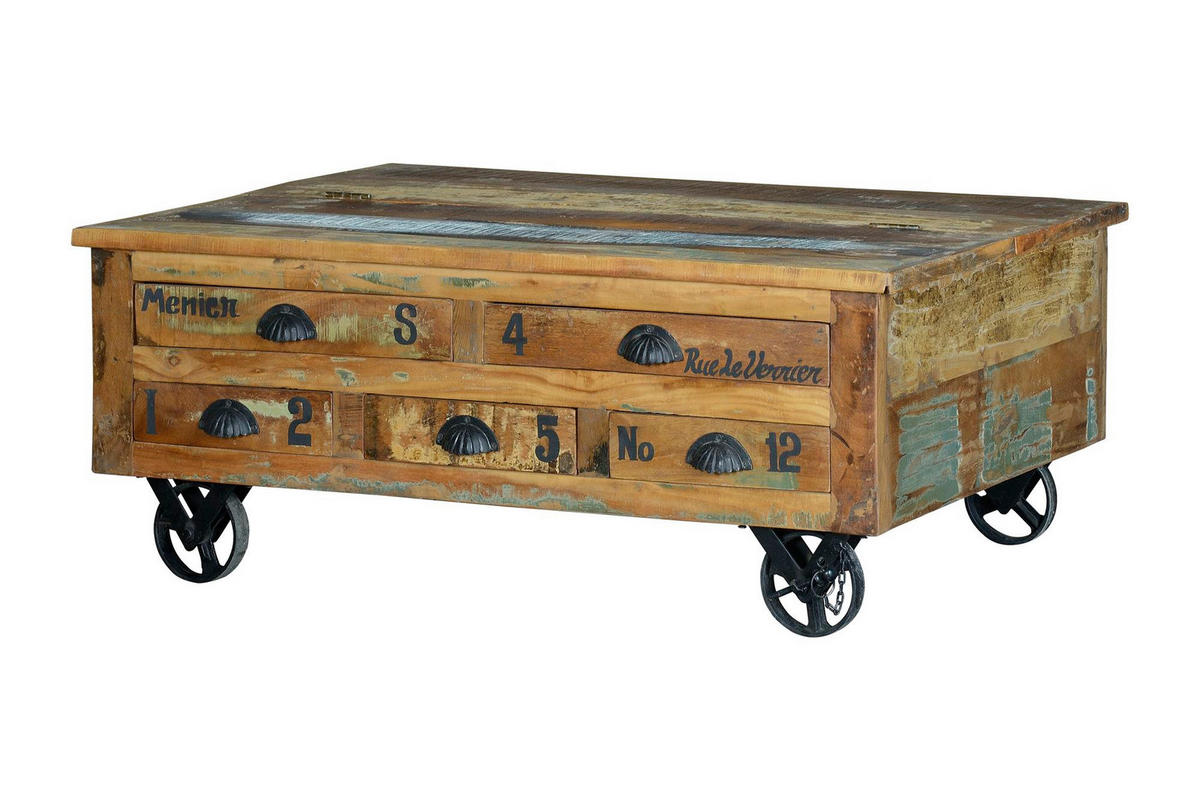 COUCHTISCH aus recyceltem Holz und Eisenrädern - Chromfarben, Holz (110/70/42cm) - Giner y Colomer