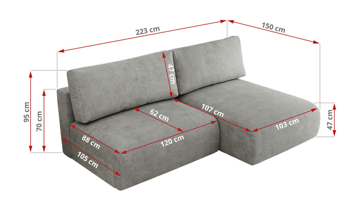 ECKSCHLAFSOFA VIVO L Hellgrau Struktur - rechts - Hellgrau/Schwarz, Kunststoff/Textil (150/223cm) - MKS