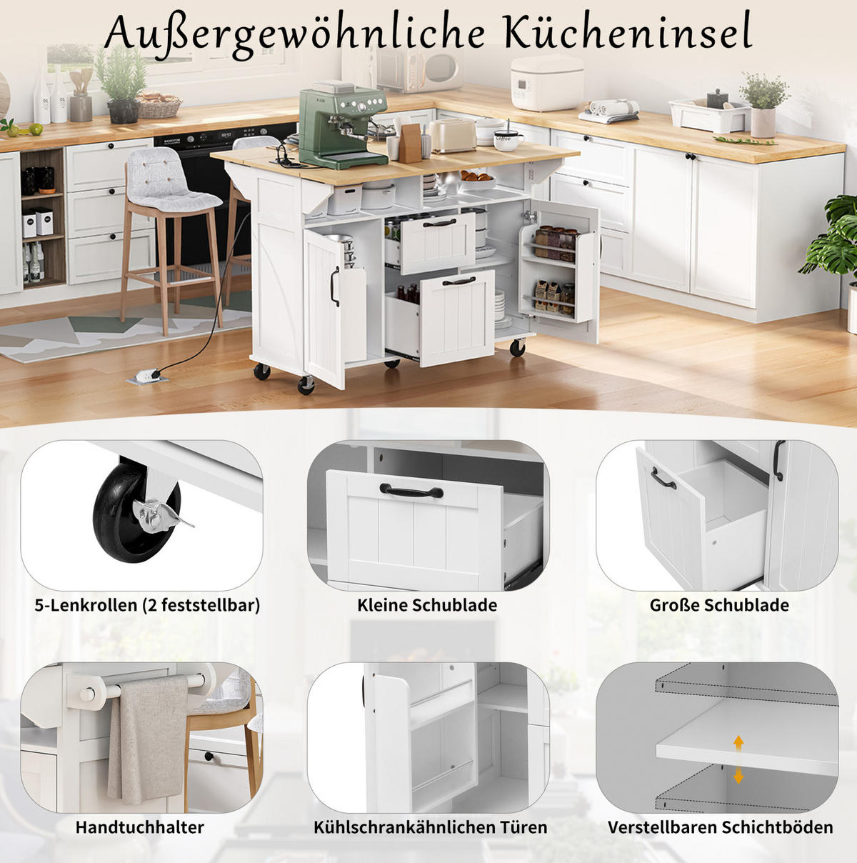 KÜCHENINSEL mit Klapptisch 120 x 40-60-80 x 92 cm Weiß/Natur - Weiß, Holz (80/92/120cm) - Beauniv