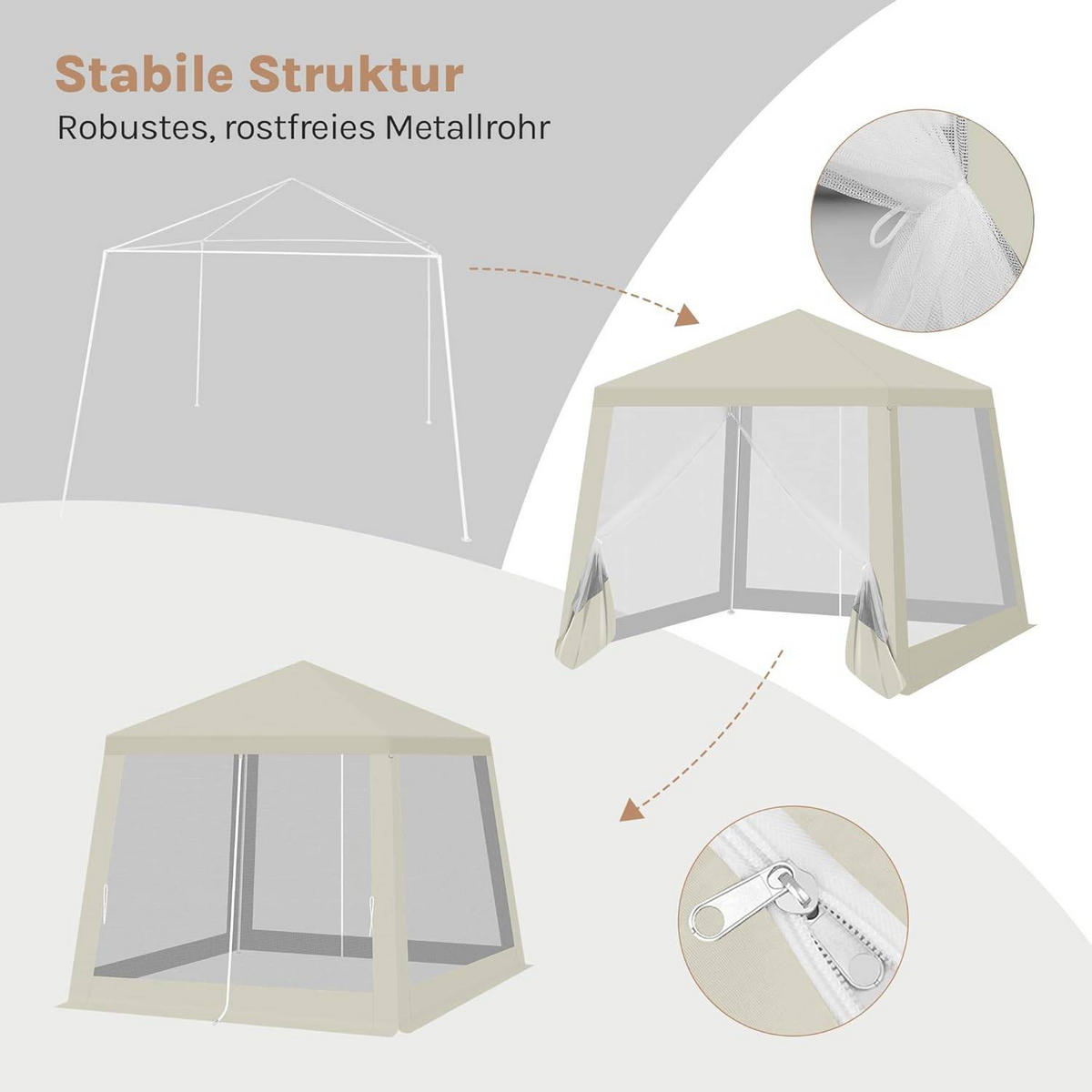 PAVILLON 3x3 m, Gartenpavillon mit Seitenwänden Moskitonetz - Beige, Metall (300/250/300cm) - Woltu