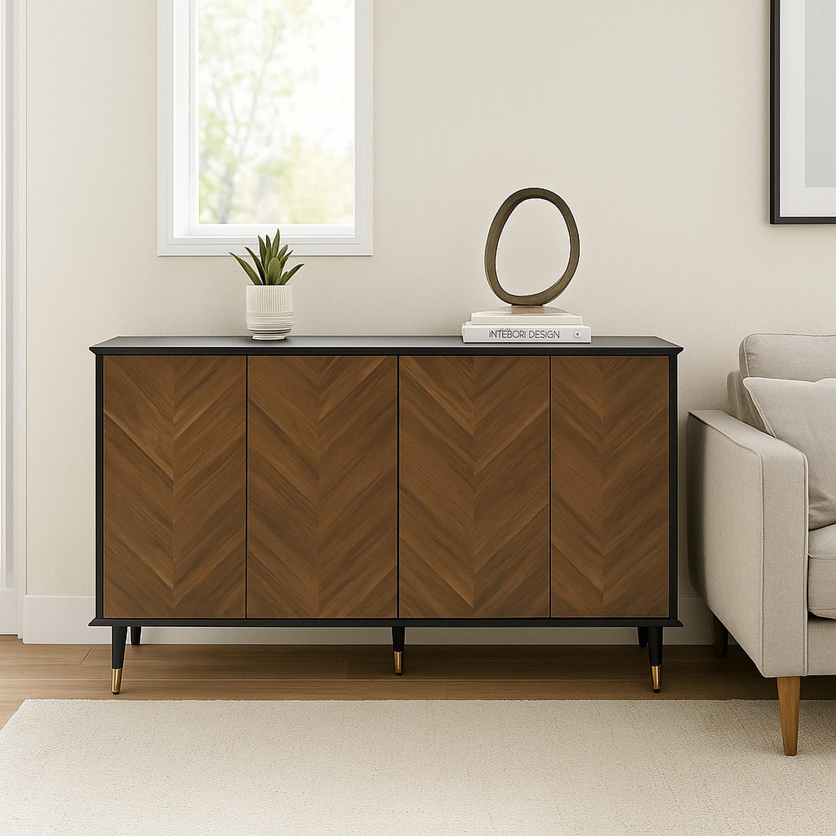 SIDEBOARD mit 3 Türen Walnussoptik und Goldene Akzente - Walnussfarben, Holzwerkstoff/Metall (140/80/40cm) - Urban Meuble