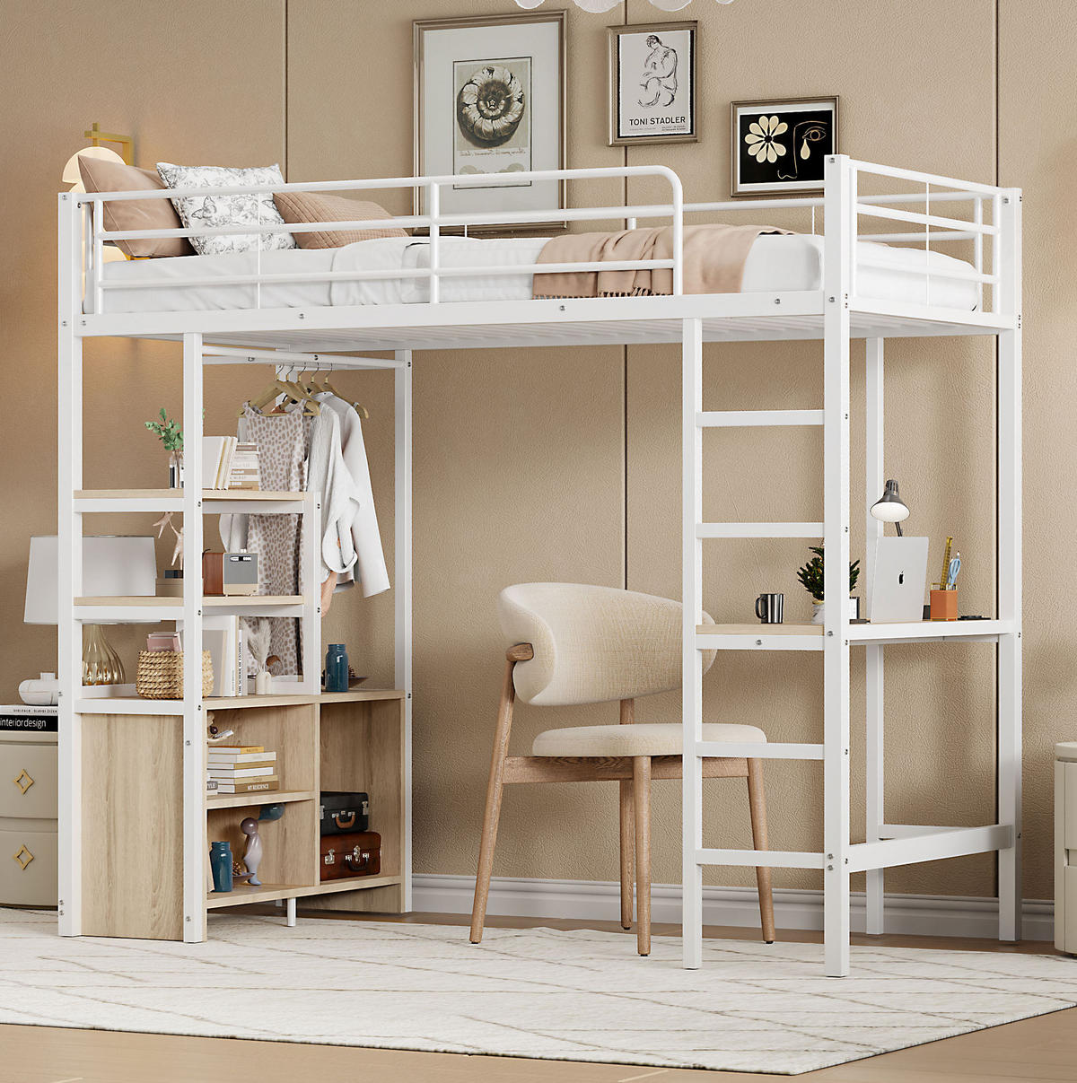 VISOKA postelja 90/200 cm bela s pisalno mizo, USB in vtičnico iz kovine - bela, kovina (90/200cm) - OKWISH