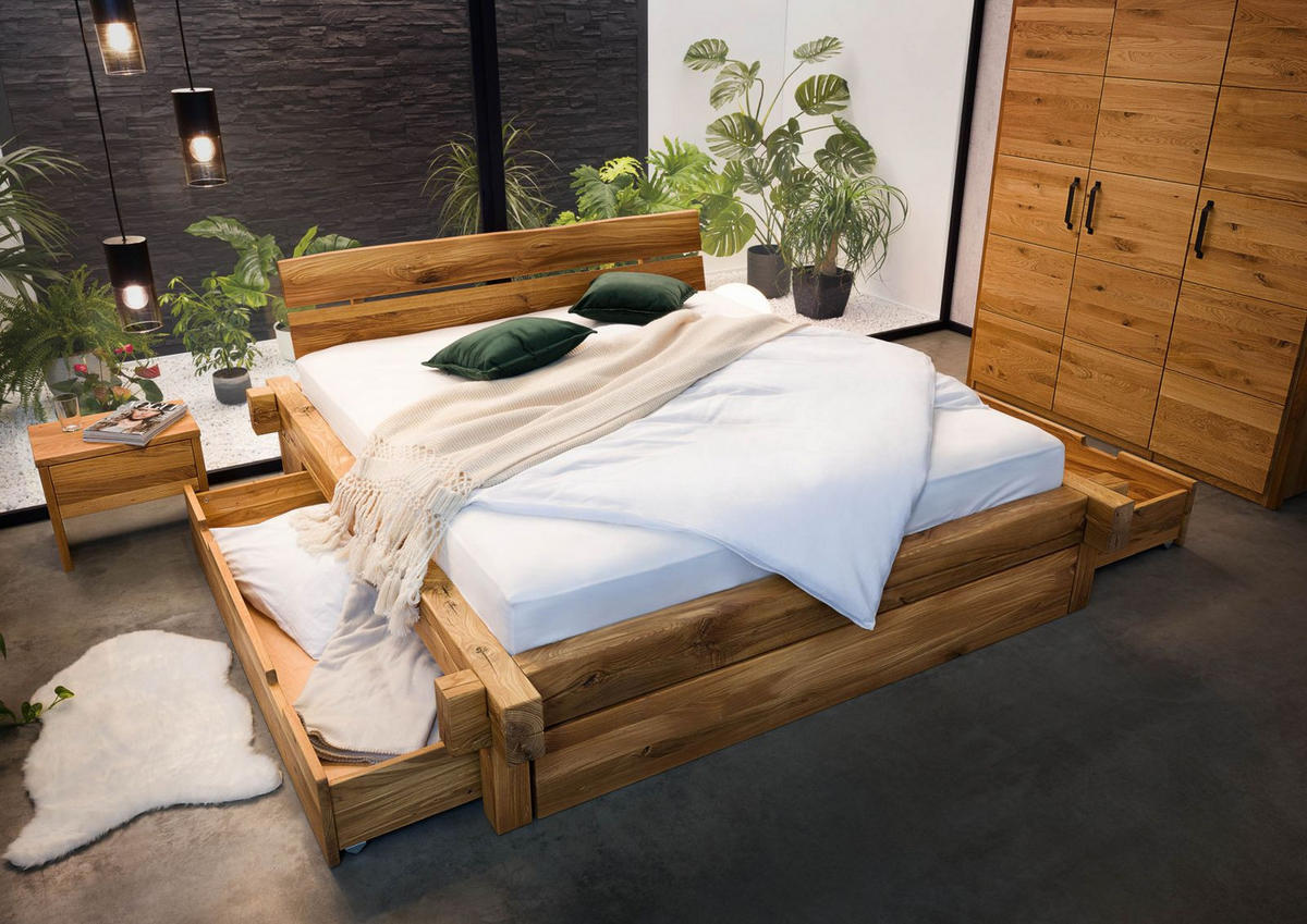 BETT mit Schublade Massivholz Wildeiche 200 x 200 x 85 natur BALKENMÖBEL #127 - Naturfarben, Holz (200/200cm) - Massivmoebel24