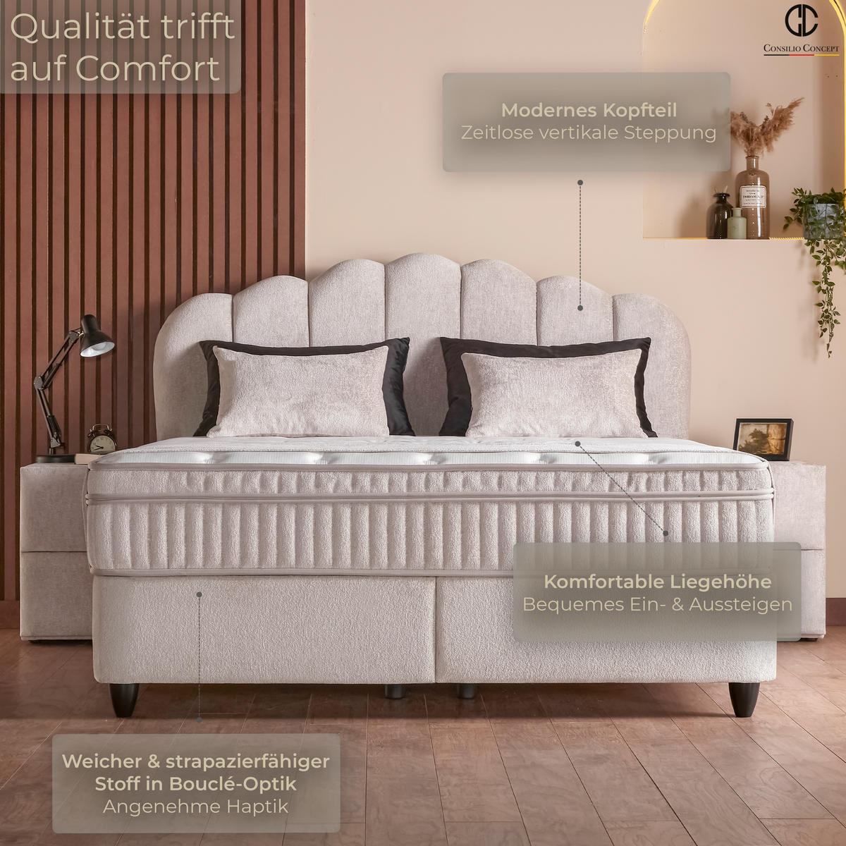 BOXSPRINGBETT MIT BETTKASTEN COMO 180/200 cm, Beige, Bettkasten, Matratze, Topper integriert, H3 mittel 7-Zonen Matratze - Beige/Schwarz, Holz/Kunststoff (180/200cm) - Consilio Concept