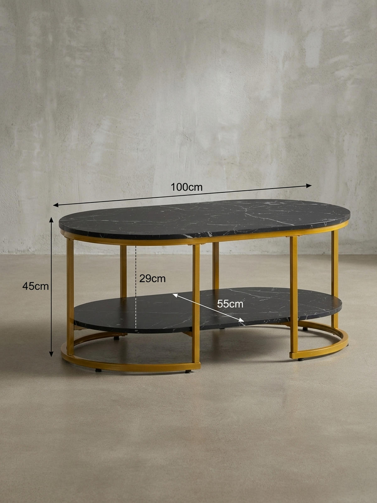 COUCHTISCH mit Marmor Optik, rechteckig, Ablage, goldenes Metallgestell, Schwarz 100x60x45 cm - Goldfarben/Schwarz, Holzwerkstoff/Metall (60/100/45cm) - KADIMA DESIGN