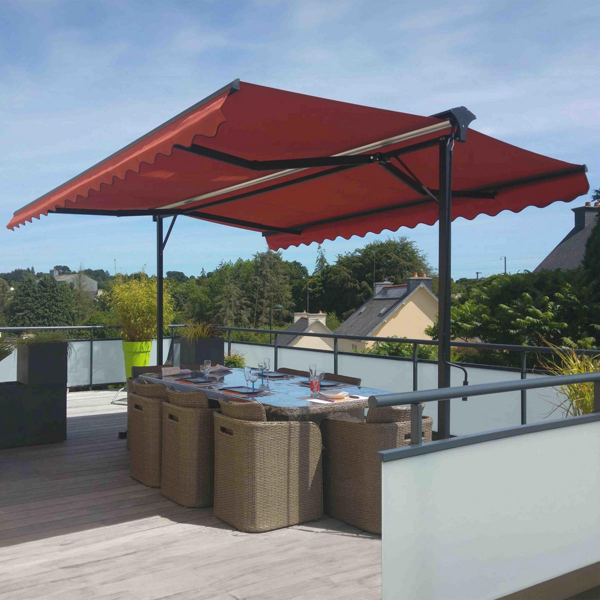 DOPPELSCHRÄGMARKISE 3x3m, Rot - Rot, Metall (300/250/300cm) - Oviala