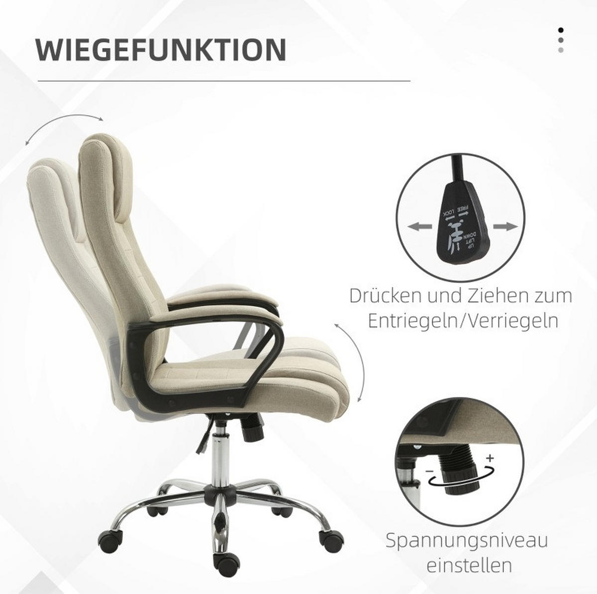 STUHL 62/76/110-119 cm, ergonomisch, höhenverstellbar und drehbar in Leinenoptik, Beige - Beige, Kunststoff (62/119/76cm) - Redom