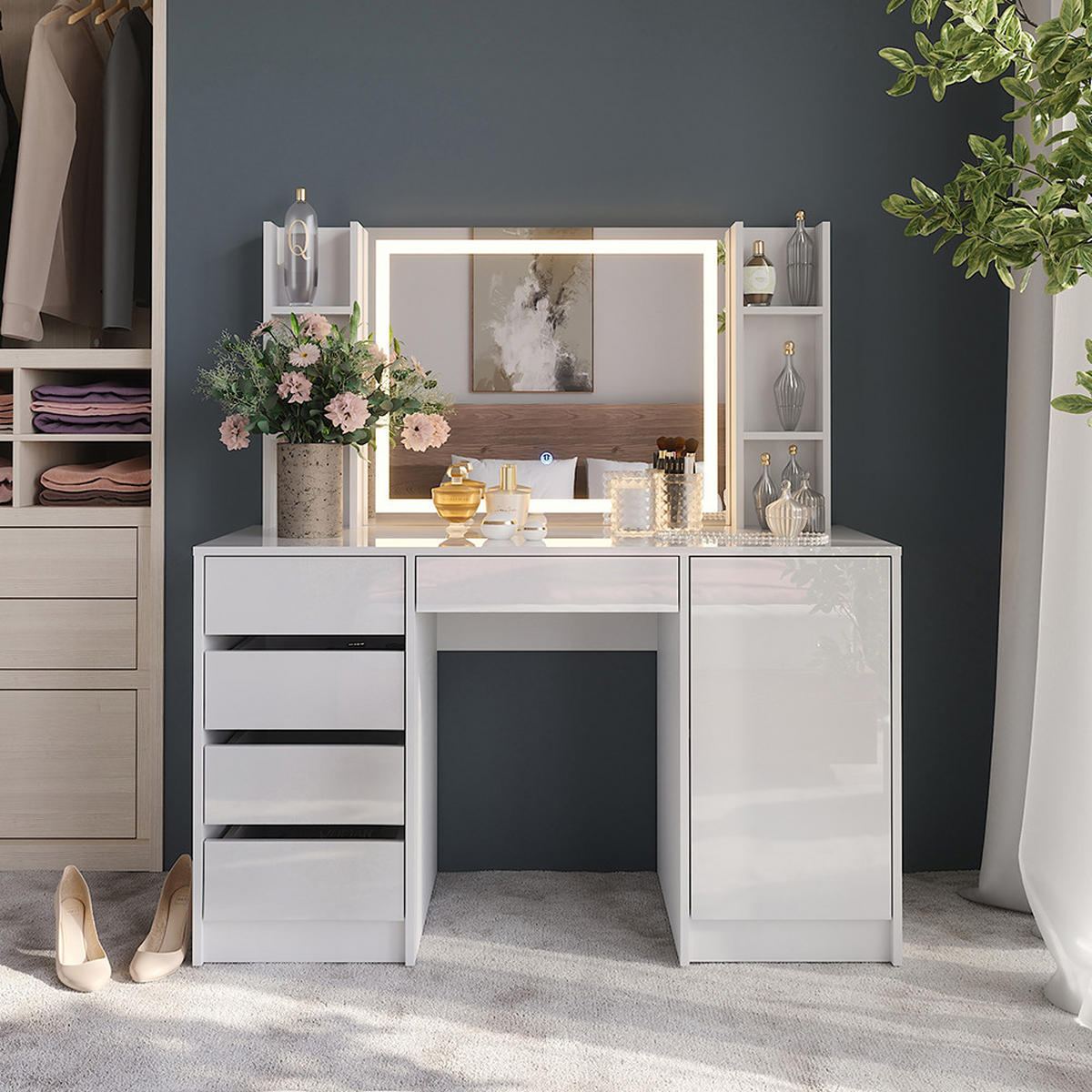 SCHMINKTISCH Sherry Weiß/Weiß Hochglanz 128.2 cm 4 Teile - Weiß Hochglanz, Holzwerkstoff (128.2/76/50.1cm) - Vicco