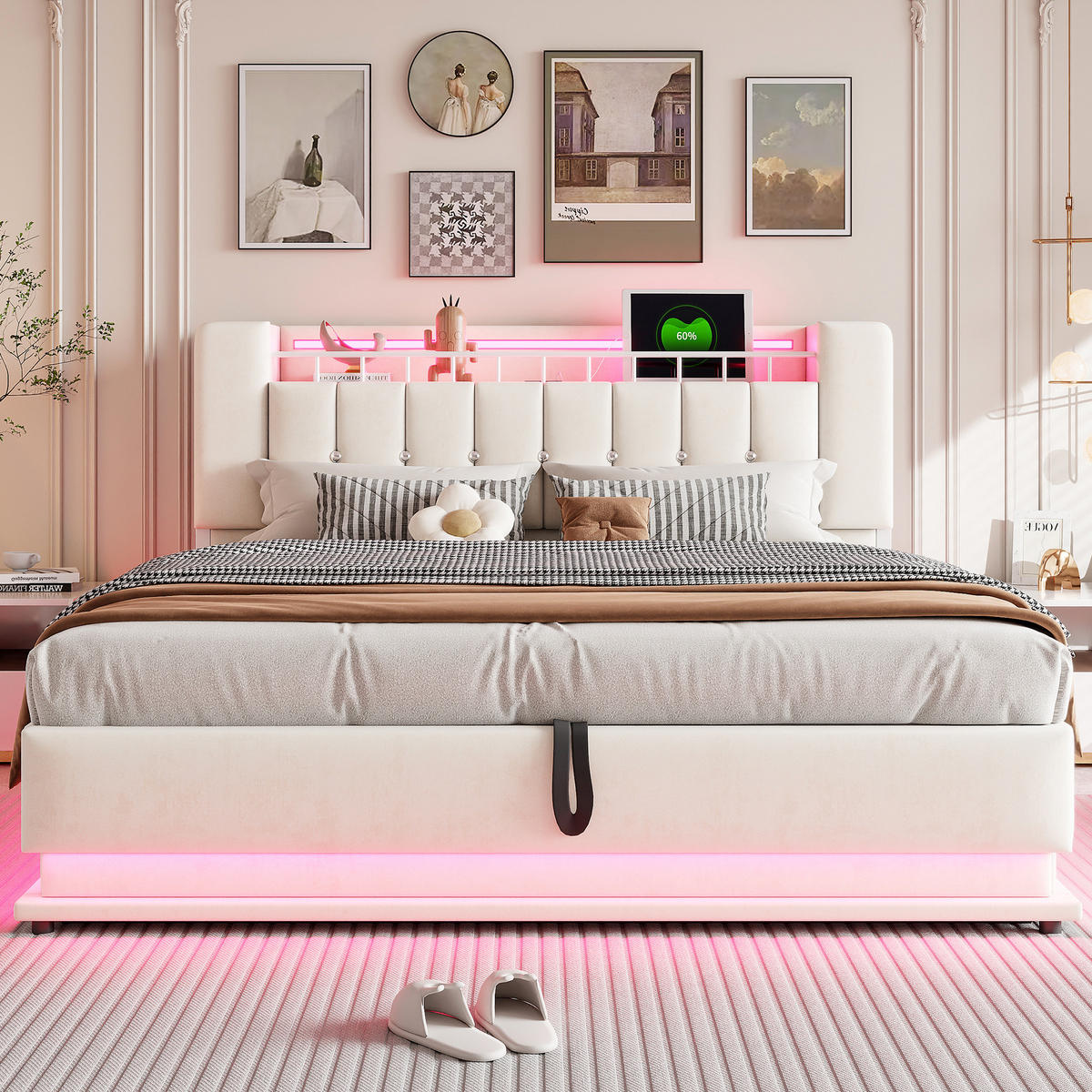 POLSTERBETT 180/200 cm Beige mit LED-Beleuchtung und Stauraum Samtbezug - Beige, Textil (180/200cm) - OKWISH