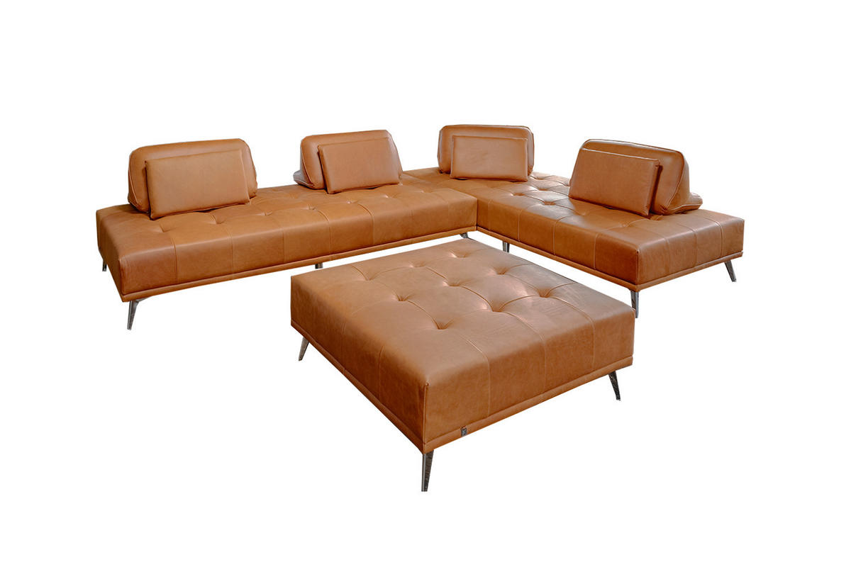 MODULSOFA MIT HOCKER WIOLO 3ER SET Braun Leder - Dunkelbraun/Silberfarben, Leder/Metall (350/83/350cm) - KAWOLA