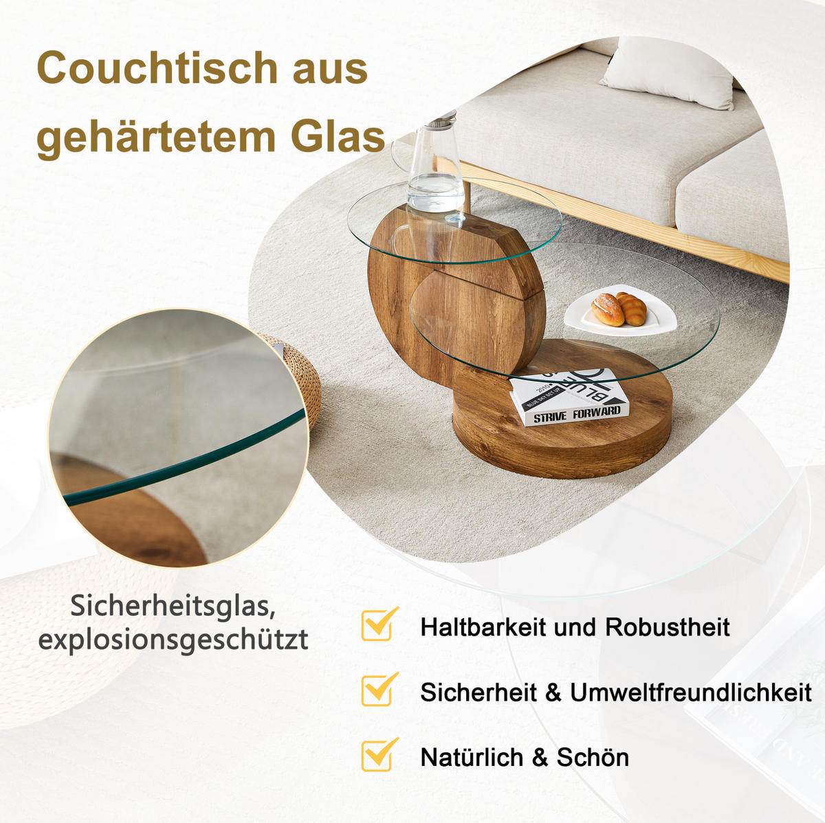 COUCHTISCH aus MDF und Glas Ø49,8 & 69,8 cm in Naturfarben mit Ablageflächen - Naturfarben, Glas (89.9/89.9/43.2cm) - Modfu